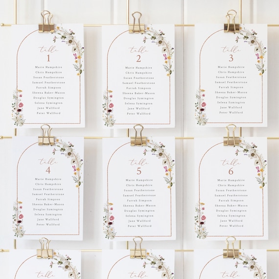 Wildflower Seating Card Template, Rustic Wildflower Arch, 4x6, Wedding Seating Plan Cards, Editable Text, Templett INSTANT Download