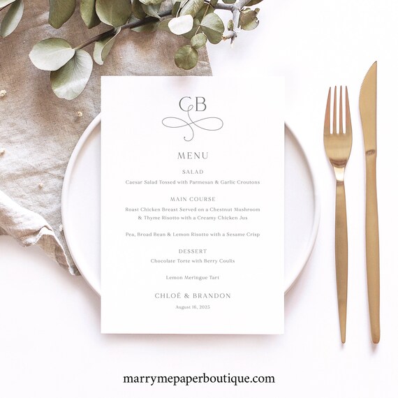 Wedding Menu Template, Elegant Monogram, Editable, 5x7 Wedding Table Menu, Monogram Wedding Menu Card, Printable, Templett INSTANT Download