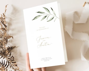 Wedding Program Template, Folded, Greenery Leaf, Editable, Templett INSTANT Download, Greenery Wedding Ceremony Program