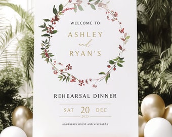 Rehearsal Dinner Welcome Sign Template, Elegant Winter Wreath, Winter Berries, Rehearsal Welcome Sign, Editable, Templett INSTANT Download