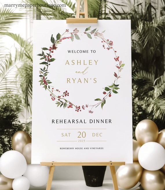 Rehearsal Dinner Welcome Sign Template, Elegant Winter Wreath, Winter Berries, Rehearsal Welcome Sign, Editable, Templett INSTANT Download