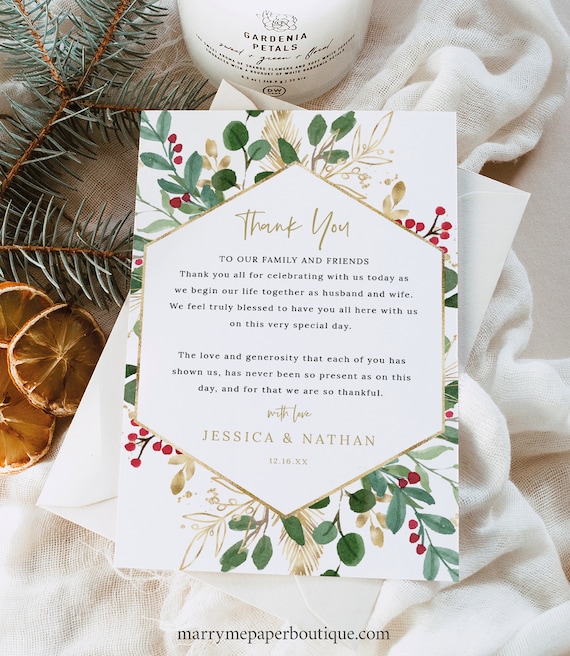 Thank You Note Template, Winter Wedding, Editable, 4x6, Christmas Wedding Guest Thank You Letter, Printable, Templett INSTANT Download