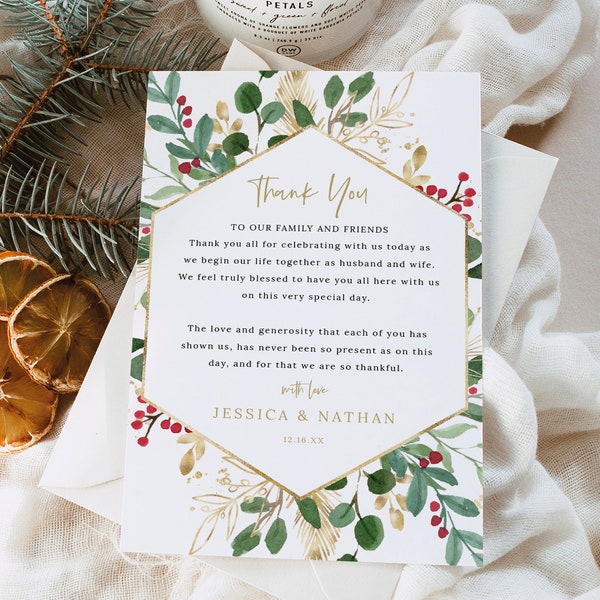 Thank You Note Template, Winter Wedding, Editable, 4x6, Christmas Wedding Guest Thank You Letter, Printable, Templett INSTANT Download