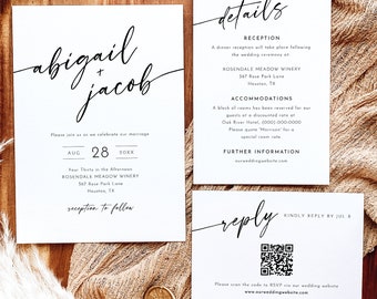 Wedding Invitation Template Suite, Minimalist Calligraphy, Editable Modern Invite with QR Code RSVP, Details, Templett Instant Download