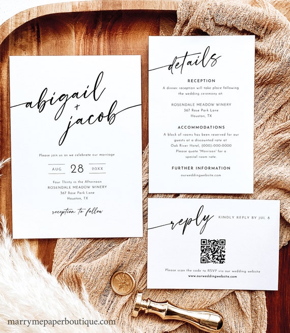 Wedding Invitation Template Suite, Minimalist Calligraphy, Editable Modern Invite with QR Code RSVP, Details, Templett Instant Download