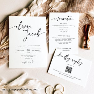 Wedding Invitation Template Set, Modern Calligraphy, Editable Suite, RSVP QR Code & Details Cards, Printable, Templett INSTANT Download