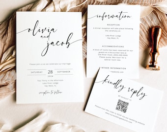 Wedding Invitation Template Set, Modern Calligraphy, Editable Suite, RSVP QR Code & Details Cards, Printable, Templett INSTANT Download