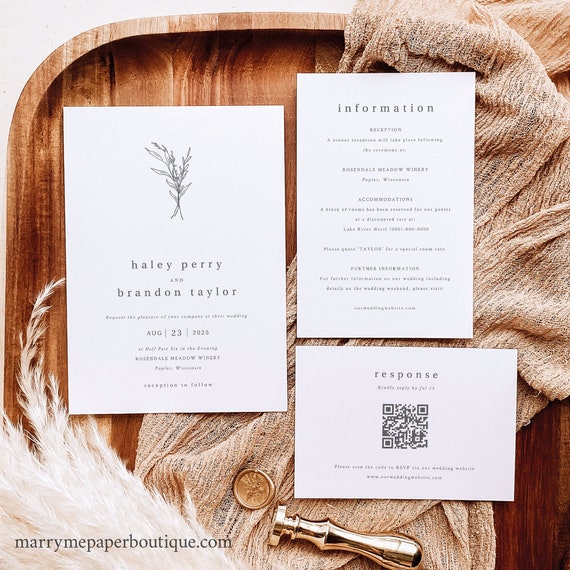 Wedding Invitation Template Set, Modern Rustic, Editable QR Code RSVP, Rustic Wedding Invitations, Printable, Templett INSTANT Download