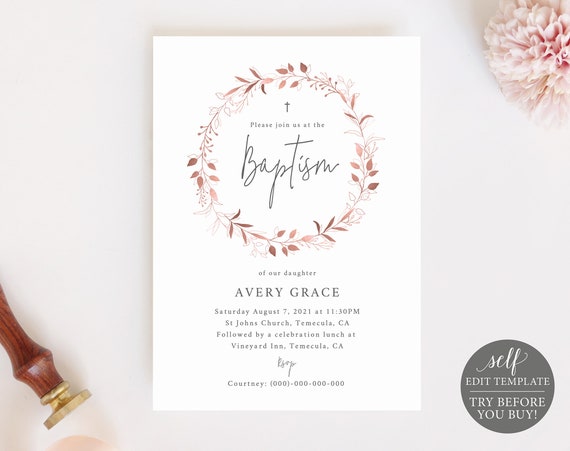 TRY BEFORE You BUY Gold Wreath Fully Editable Instant Download Baptism Invitation Template