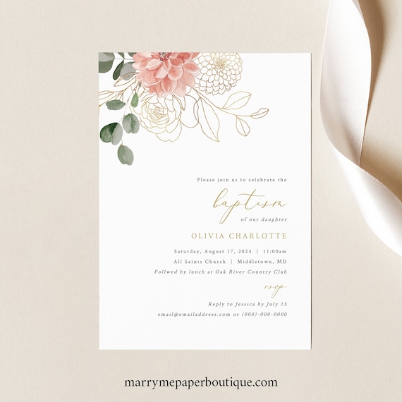 Baptism Invitation Template, Blush & Gold Flowers, Baptism Invitation Card Printable, Templett INSTANT Download, Editable