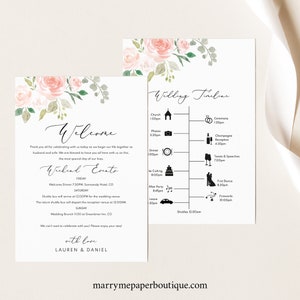 Wedding Timeline & Welcome Letter Template, Try Before Purchase,  Editable, Instant Download, Order of Events Printable, Pink Floral