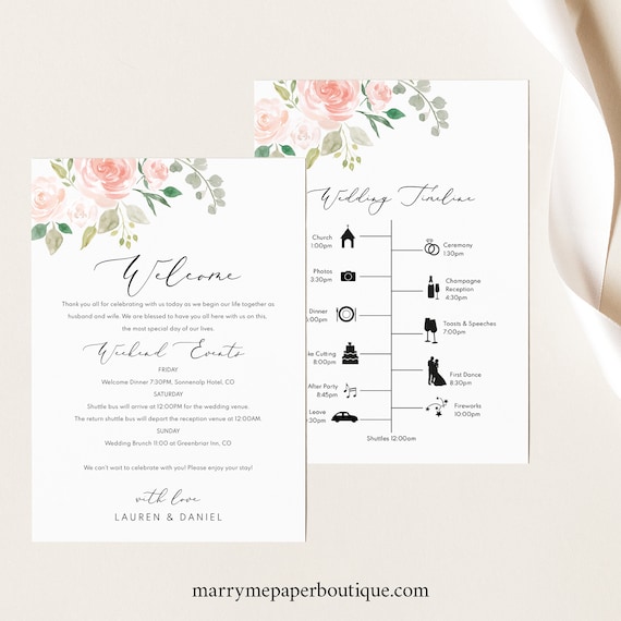 Wedding Timeline & Welcome Letter Template, TRY BEFORE You BUY,  Editable, Instant Download, Order of Events Printable, Pink Floral