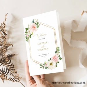 Wedding Program Template Folded, Editable Instant Download, Pink Floral Hexagonal, Try Before Purchase!