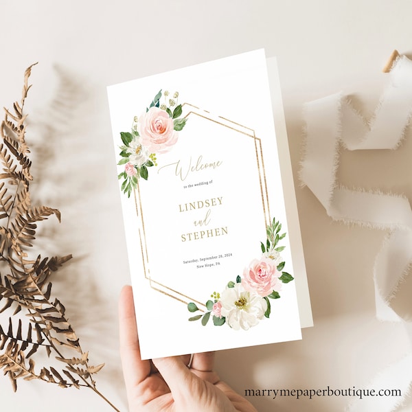 Wedding Program Template Folded, Editable Instant Download, Pink Floral Hexagonal, Try Before Purchase!