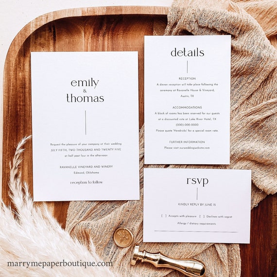 Wedding Invitation Template Set, Minimalist Modern Design, Editable,Wedding Invite, RSVP, Details, Printable, Templett INSTANT Download