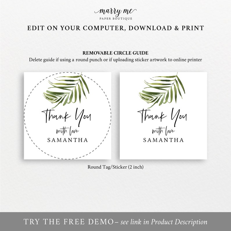 Printable Tropical Round Favor Tag Template Greenery Wedding Label Templett Instant Download