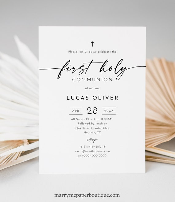 First Communion Invitation Template, Minimalist Calligraphy, Editable, Modern First Holy Communion Invite, 5x7, Templett INSTANT Download