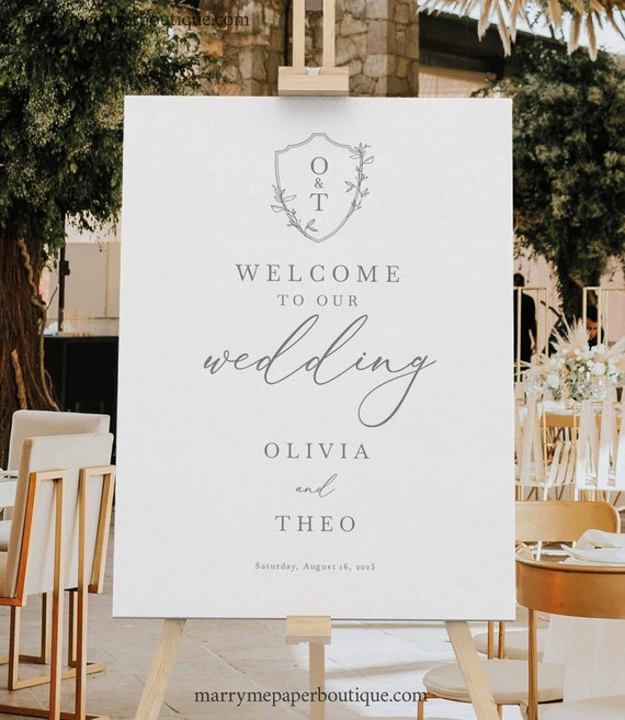 Wedding Welcome Sign Template, Elegant Crest & Monogram, Welcome to our Wedding Sign, Editable, Portrait, Templett INSTANT Download