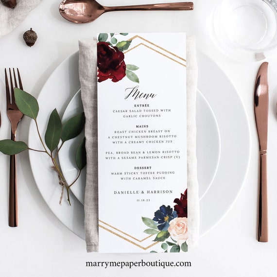 Menu Template, Burgundy Navy, Demo Available, Editable & Printable Instant Download
