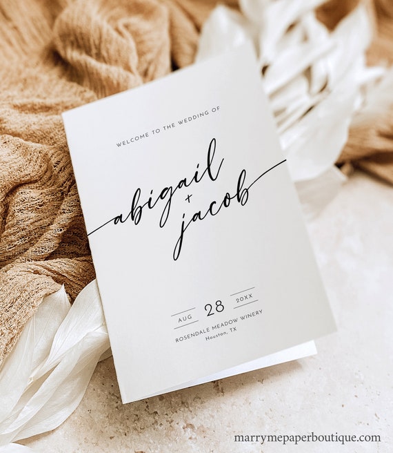 Four Page Wedding Program Template, Minimalist Calligraphy, Folding Modern Wedding Ceremony Program, Editable, Templett INSTANT Download