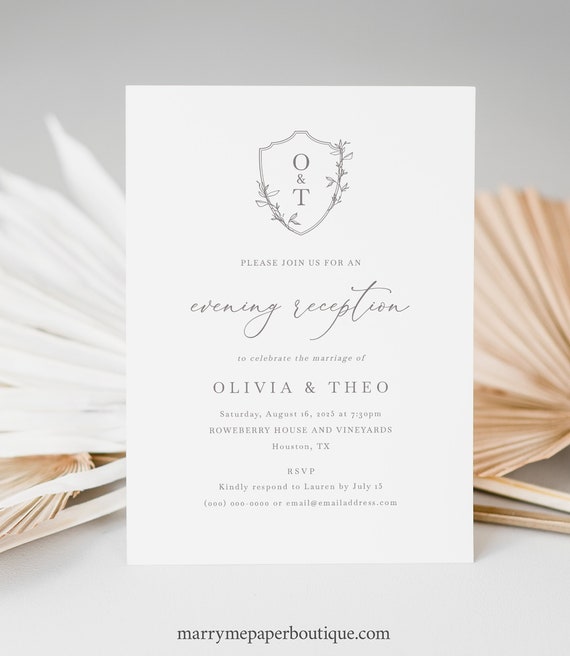 Reception Invitation Template, Elegant Crest & Monogram, Editable, Wedding Reception Invitation, Printable, 5x7, Templett INSTANT Download