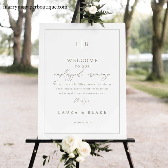 Unplugged Ceremony Sign Template, Monogram & Border, Elegant Unplugged Wedding Sign, Printable,  Editable, Templett INSTANT Download