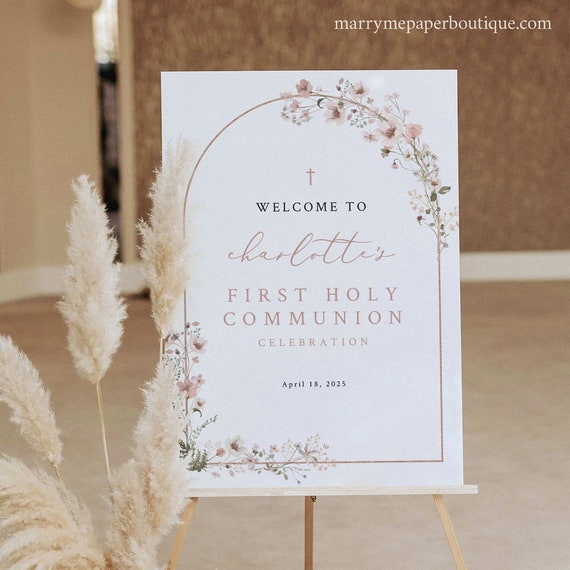 First Communion Welcome Sign Template, Rustic Pink Flower Arch, Editable, First Holy Communion Sign, Printable, Templett INSTANT Download