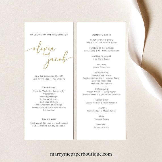 Wedding Ceremony Program Template, Gold, Modern Script, Modern Wedding Program, Printable, Narrow, Editable, Templett INSTANT Download