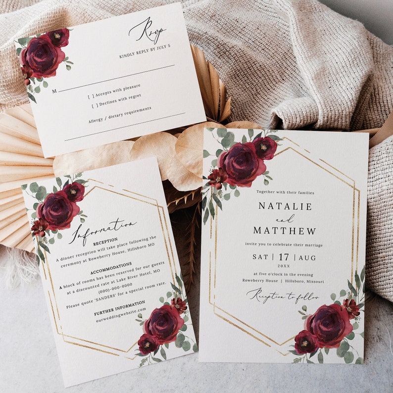 Wedding Invitation Template Set, Elegant Burgundy Floral, Editable Invitation Suite Printable, RSVP, Details Card, Templett INSTANT Download image 1