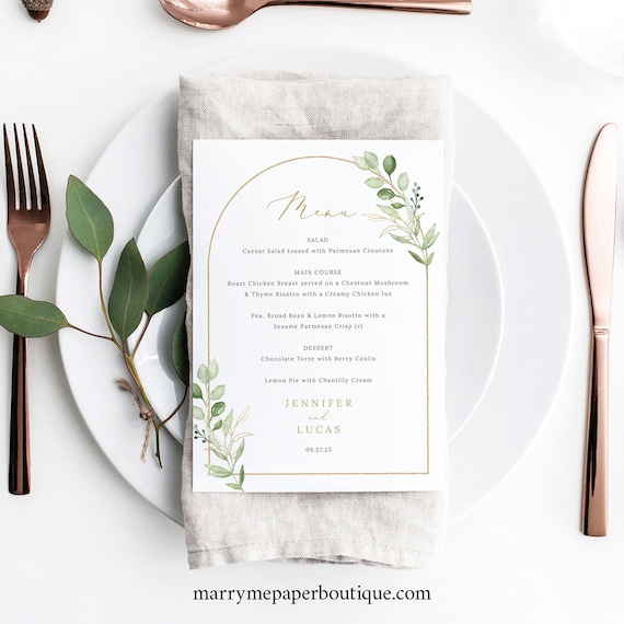 Wedding Menu Template, Greenery Arch, Editable, 5x7 Menu Card, Greenery Menu, Arch Wedding Table Menu, Printable, Templett INSTANT Download