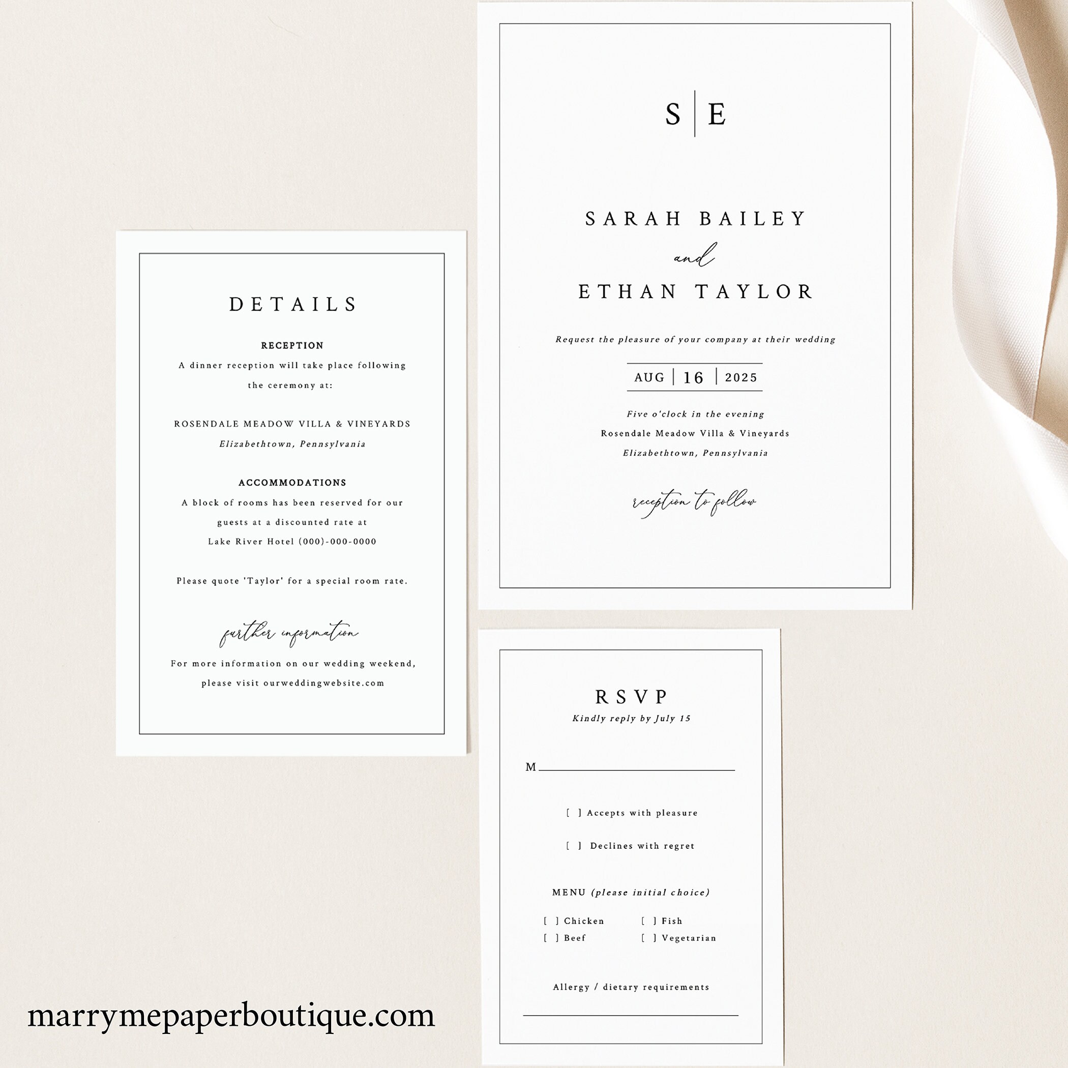 Pocketfold Wedding Invitation Template Set, Minimalist Wedding Monogram Invitation Suite
