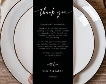 Thank You Letter Template, Modern Script Black Background, 4x9, Editable Wedding Table Thank You Note, Printable, Templett INSTANT Download