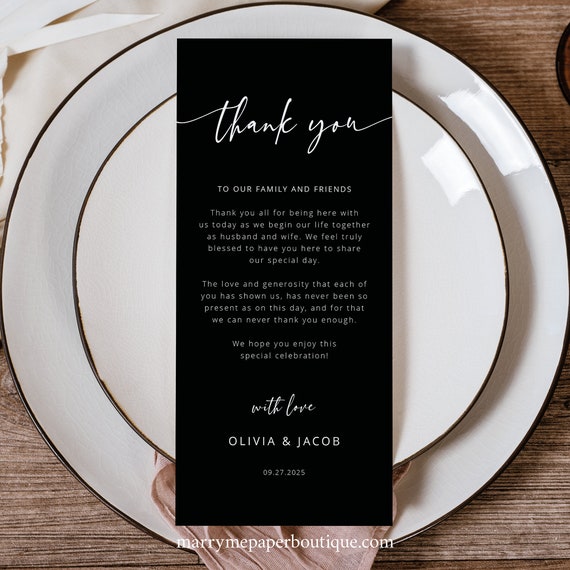 Thank You Letter Template, Modern Script Black Background, 4x9, Editable Wedding Table Thank You Note, Printable, Templett INSTANT Download