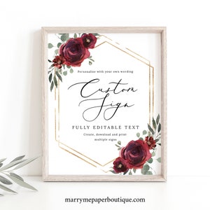 Wedding Sign Bundle Template, Elegant Burgundy Floral, Wedding Table Signs, Printable, Editable, Hexagonal, Templett INSTANT Download