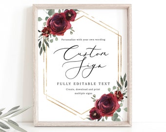 Wedding Sign Bundle Template, Elegant Burgundy Floral, Wedding Table Signs, Printable, Editable, Hexagonal, Templett INSTANT Download