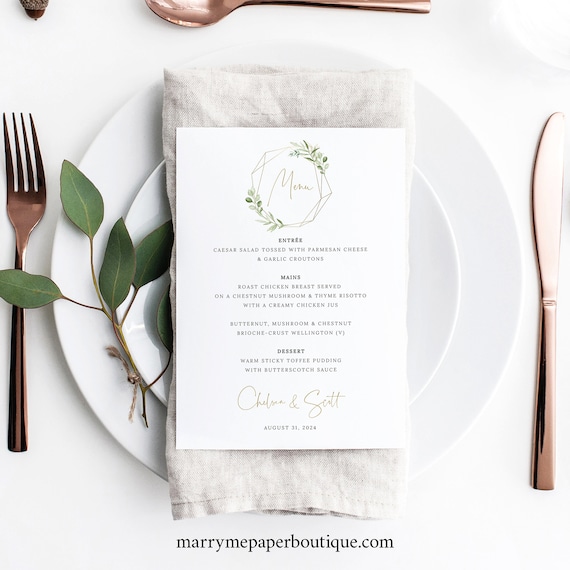 Menu Template, Greenery & Gold 5x7, Demo Available, Editable Printable Instant Download, Templett