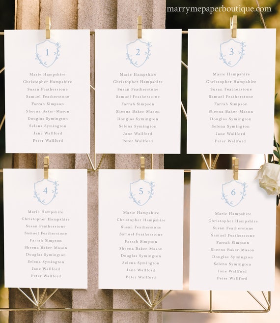 Seating Plan Cards Template, Light Blue Crest & Monogram, Editable, Crest Wedding Seating Chart Cards, Printable, Templett INSTANT Download