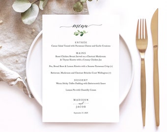 Wedding Menu Template, Greenery Leaf Printable Menu Card, 5x7, Instant Download,  Editable Menu, Try Before Purchase