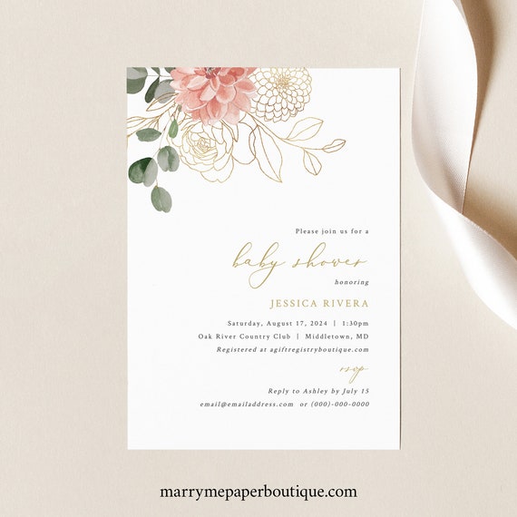 Baby Shower Invitation Template, Blush & Gold Flowers, Printable, Editable Baby Shower Invite Card, Templett INSTANT Download