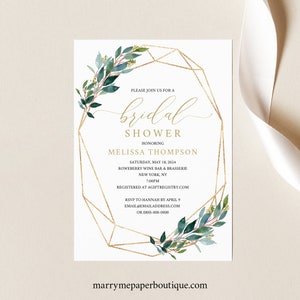 Try Before Purchase! Bridal Shower Invitation Template,  Editable Invite Template, Instant Download, Geometric, Gold, Greenery