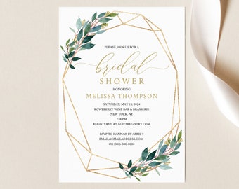 Try Before Purchase! Bridal Shower Invitation Template,  Editable Invite Template, Instant Download, Geometric, Gold, Greenery