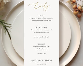 Personalizable Wedding Guest Menu Template, Elegant Gold Script, Editable Wedding Menu Cards, Printable, Templett INSTANT Download