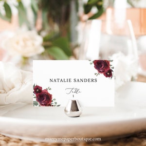Wedding Place Card Template, Elegant Burgundy Floral, Editable Tent & Flat Place Cards, Printable, Templett INSTANT Download
