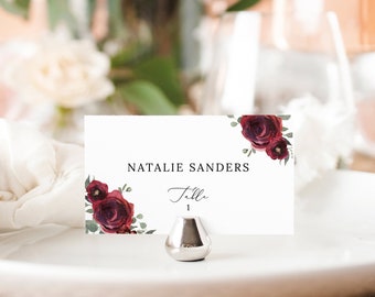 Wedding Place Card Template, Elegant Burgundy Floral, Editable Tent & Flat Place Cards, Printable, Templett INSTANT Download