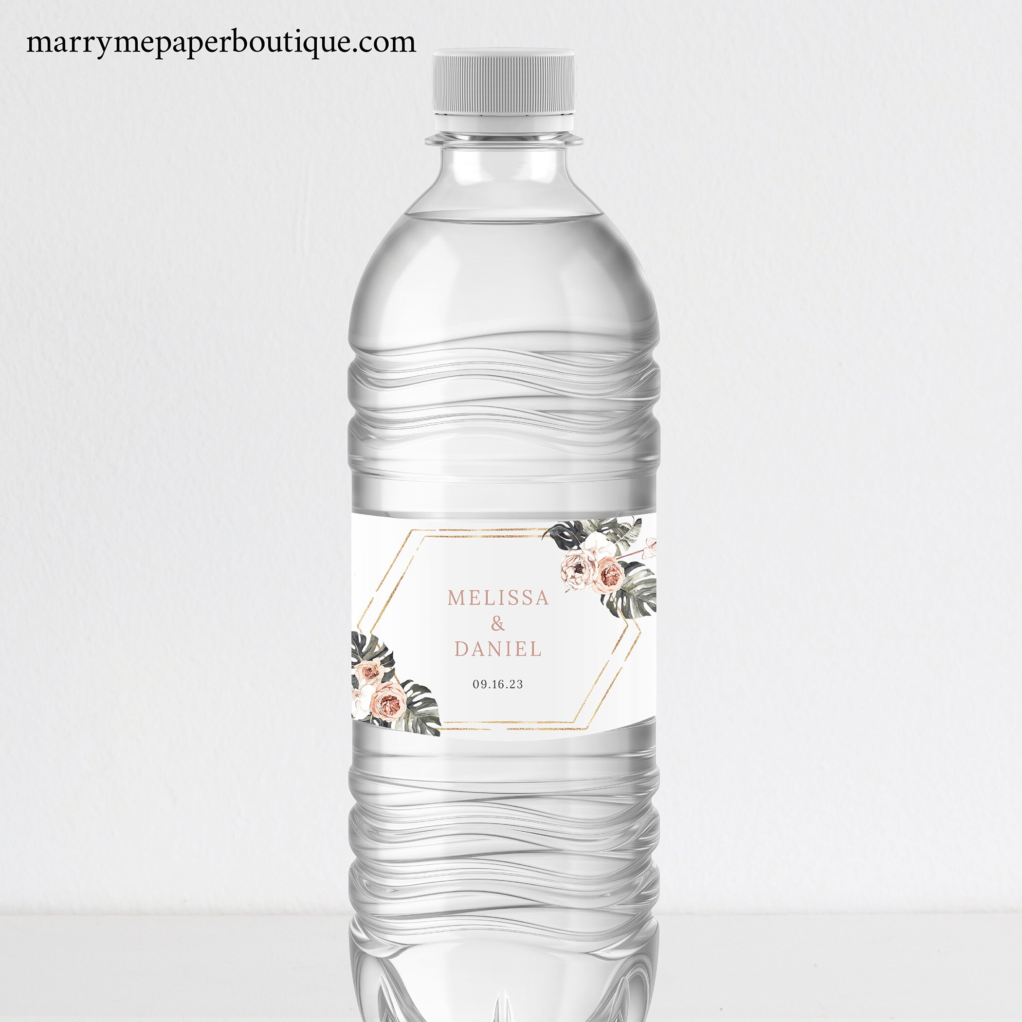 Wedding Water Bottle Label Template, Tropical Leaf, Dusky Pink Flowers, Mineral Water Label ...