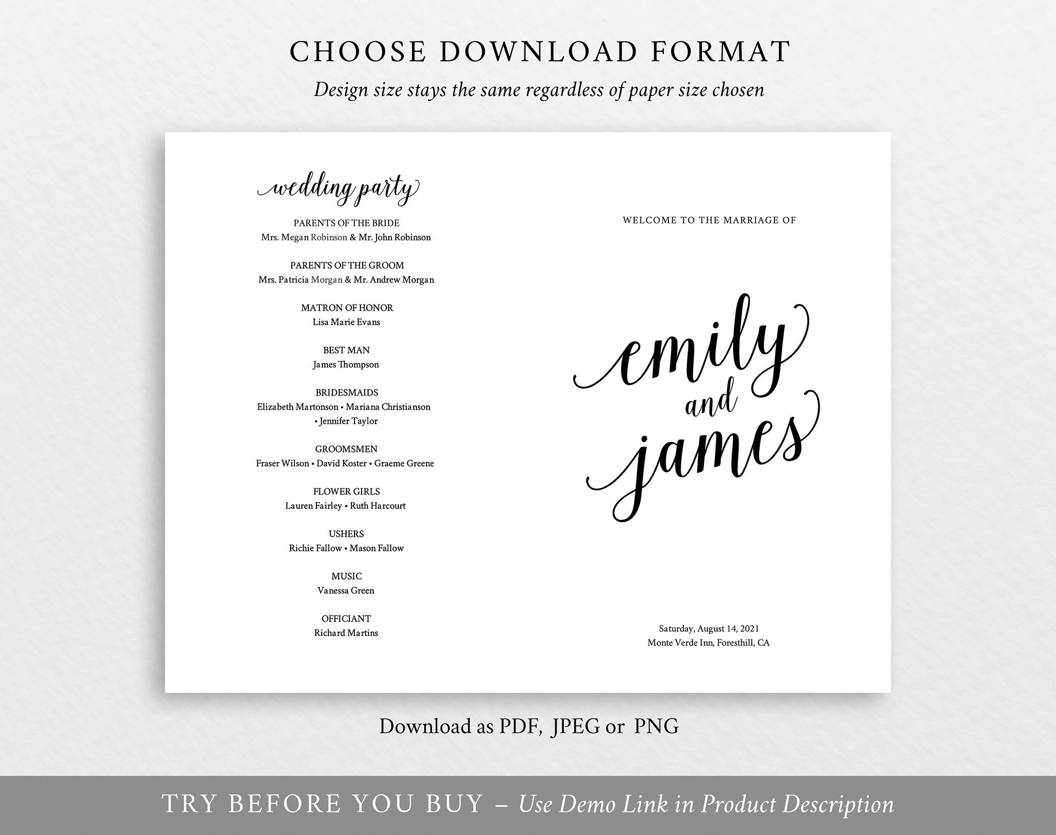 Catholic Wedding Program Template, Folded Modern Script