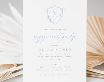 Engagement Party Invitation Template, Light Blue Crest & Monogram, Editable, Crest Engagement Party Invite, Templett INSTANT Download