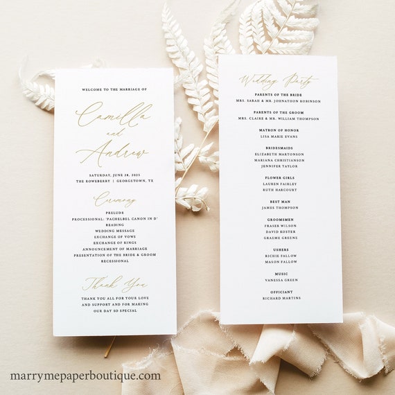 Wedding Ceremony Program Template, Gold, Stylish Script, 4x9 Wedding Program, Editable, Gold Program, Printable, Templett INSTANT Download