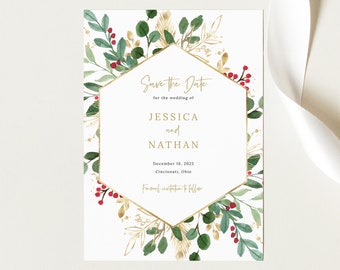 Save the Date Card Template, Winter Wedding, Printable, Save Our Date, Templett, Holly Berries, Hexagon, Editable, INSTANT Download