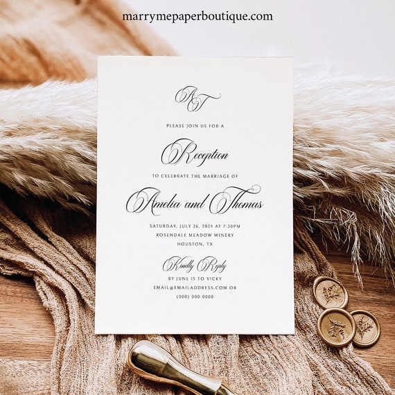 Reception Invitation Template, Traditional Wedding Calligraphy Monogram, Reception Invitation Printable, Editable, Templett INSTANT Download